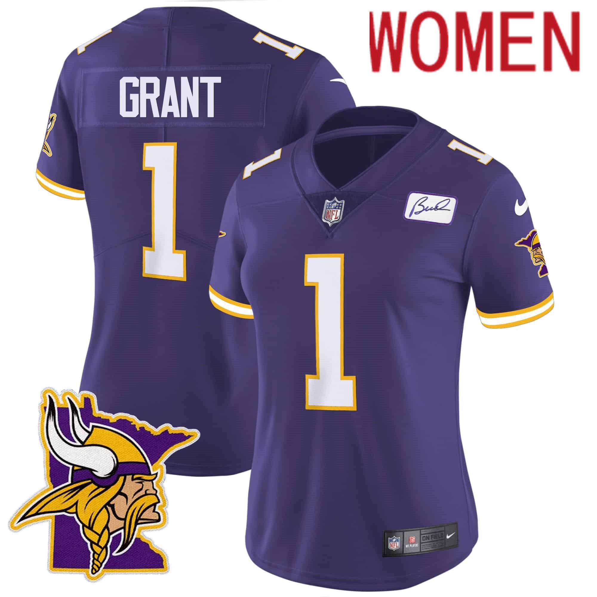 Women Minnesota Vikings #1 Grant Purple 2024 Nike Patch Classic Limited NFL Jersey style 1